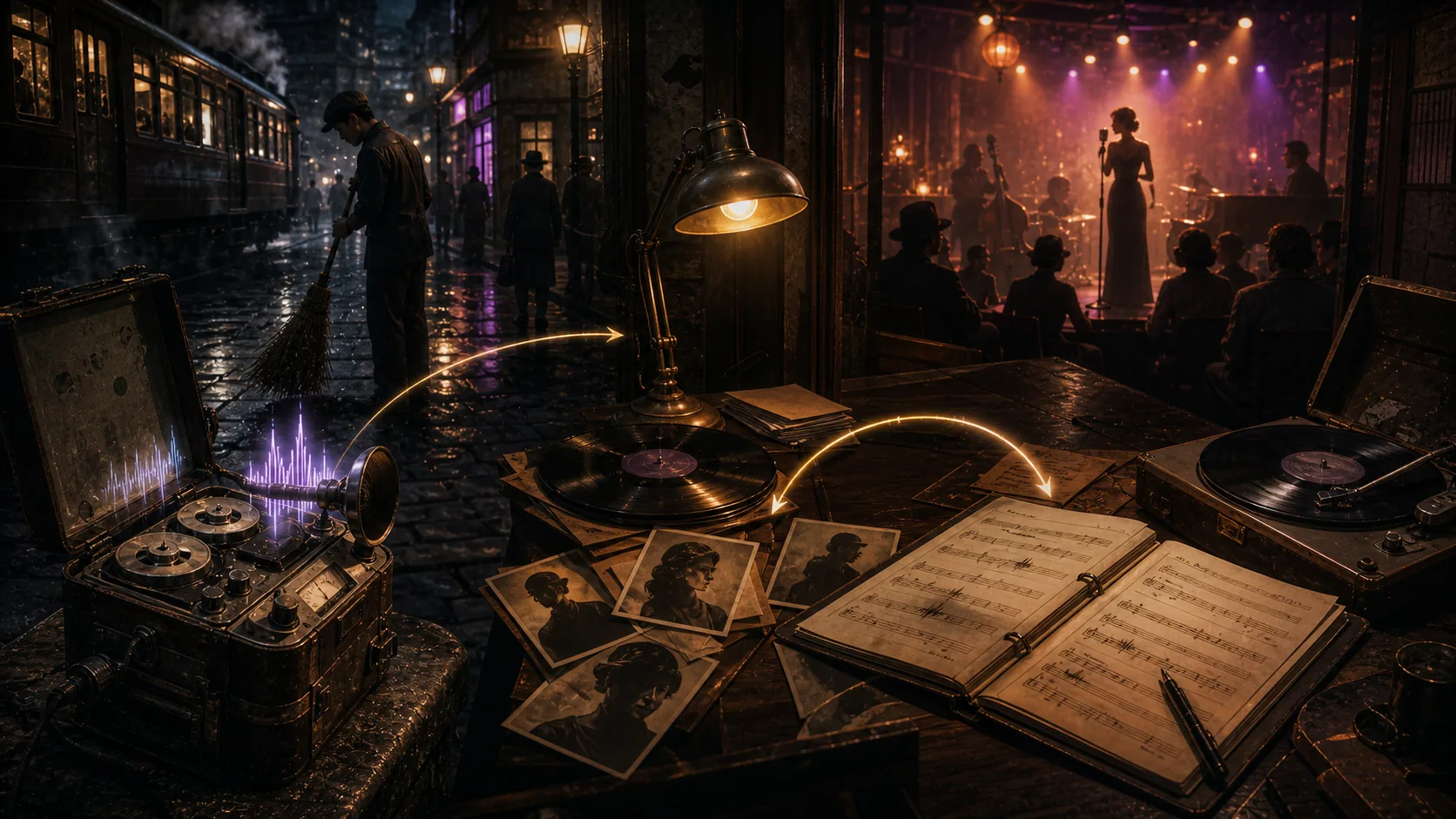 Show business artwork showing street sound recording and stage planning