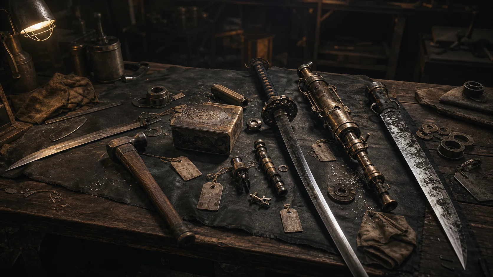 Weapon upgrade artwork showing blades, hammers, and parts on a workbench