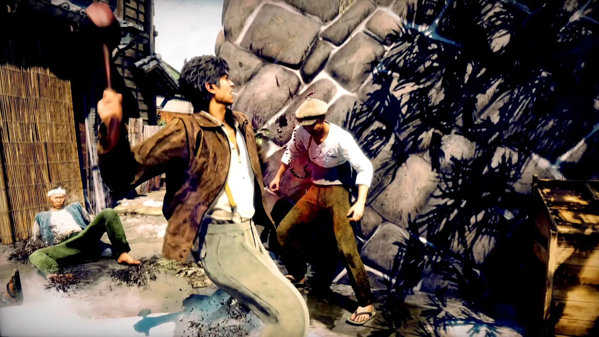 Makoto Daito swings a wooden hammer during a combat scene