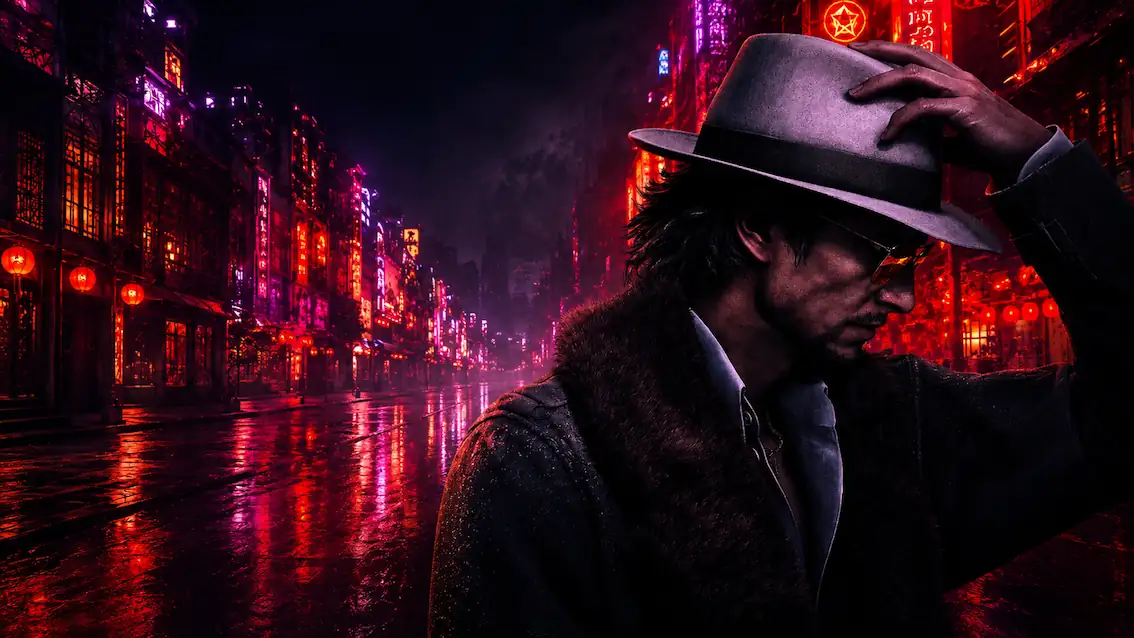 Promotional game artwork showing the main character in a moody city scene